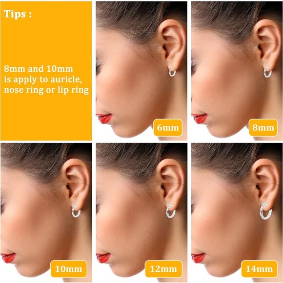 Unisex Stainless Steel Mini Hoop Earrings Set 6-14mm for Piercing & Gifts - Picture 4 of 7